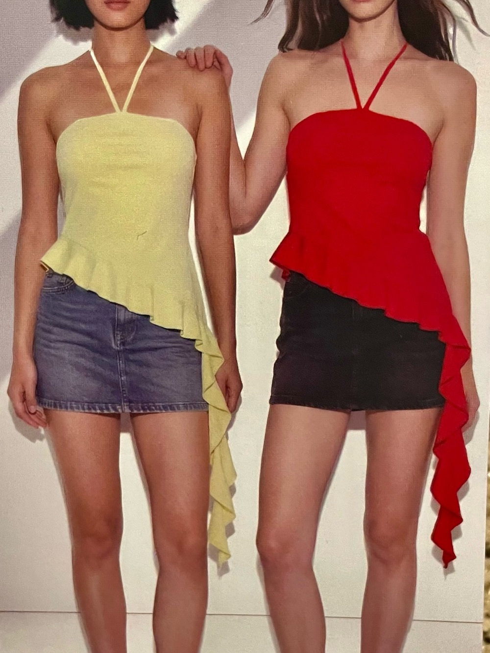 Asymmetric Halter Peplum Top - Red / Yellow